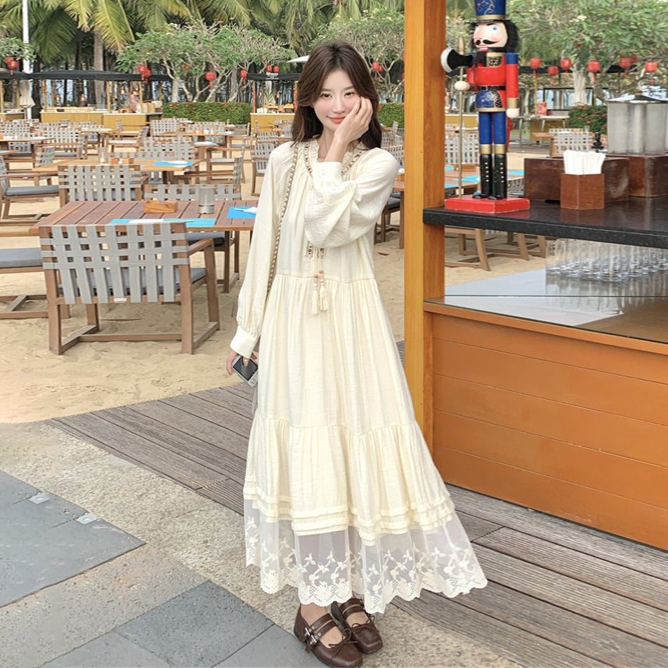 【ワンピース】ベージュ フラワーレース刺繍襟 ワンピース レディース 新作 長袖 フェミニン フレンチ風ロングドレス【JZシリーズ】