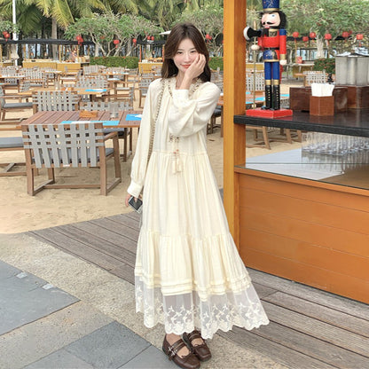 【ワンピース】ベージュ フラワーレース刺繍襟 ワンピース レディース 新作 長袖 フェミニン フレンチ風ロングドレス【JZシリーズ】