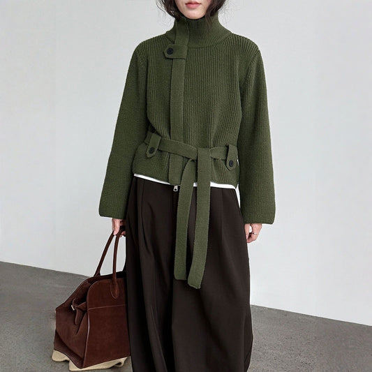 【トップス】春 秋 冬 ニット スタンドカラー ベルト付き セーター 【JZシリーズ】