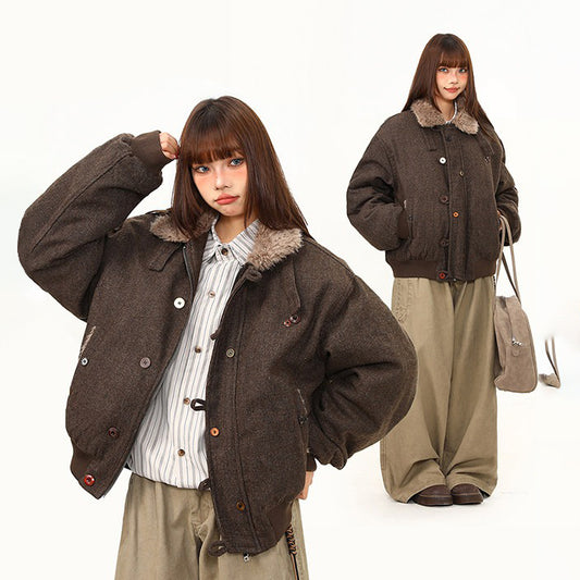 【アウター】ファー襟付き 中綿ジャケット バーン風 アメリカンヴィンテージ ボタン レディース 冬 綿入れコート【FCシリーズ】