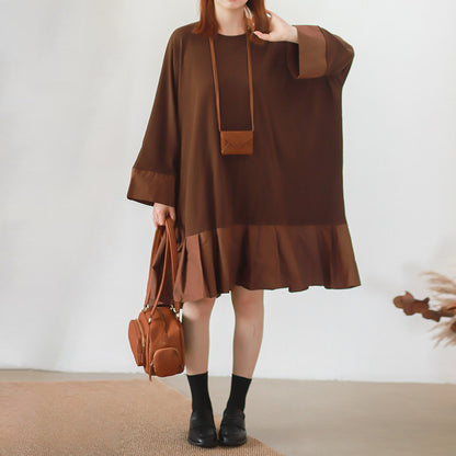 【ワンピース】香港風 クルーネック 切替 シャツ生地 大きめサイズ 長袖 ワンピース ビッグシルエット ゆったり【JZシリーズ】
