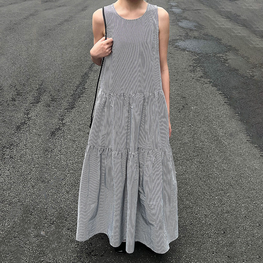 【ワンピース】トロシンプル ストライプ柄 細見え 夏新作 ゆる感 ノースリーブワンピース【JZシリーズ】