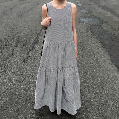 【ワンピース】トロシンプル ストライプ柄 細見え 夏新作 ゆる感 ノースリーブワンピース【JZシリーズ】