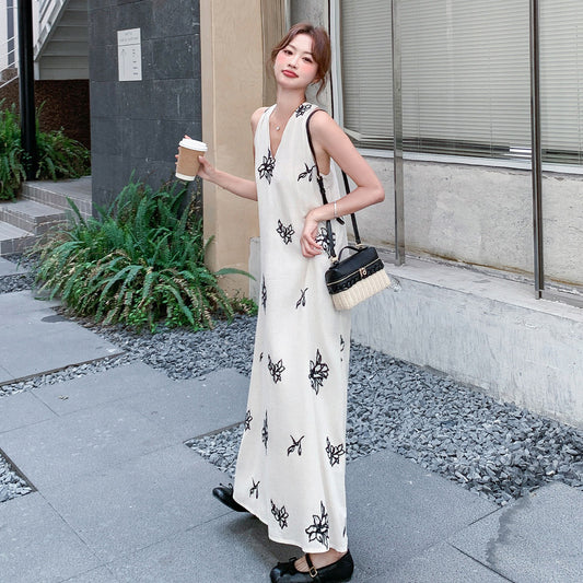 【ワンピース】フレンチ風 刺繍 Vネック ノースリーブワンピース レディース 夏 ロングワンピース リゾート 上品 フェミニン【SHシリーズ】