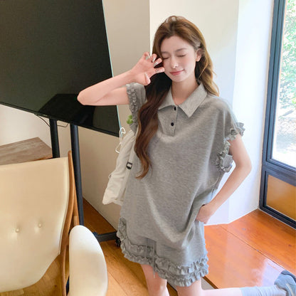 2点セット！【セットアップ】韓国風 ライトグレー上下セット レディース 夏 フリル半袖ブラウス スカート 大人可愛い【JZシリーズ】