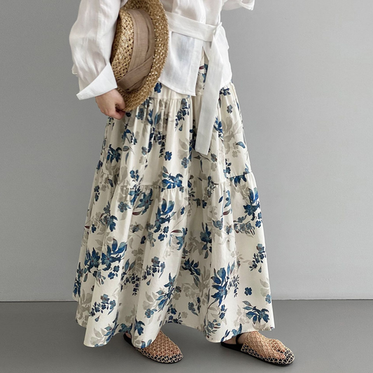 【ボトムス】韓国風やわらか爽やか フローラル柄 ギャザースカート ウエストゴム リゾートスタイル ロングスカート【SHシリーズ】