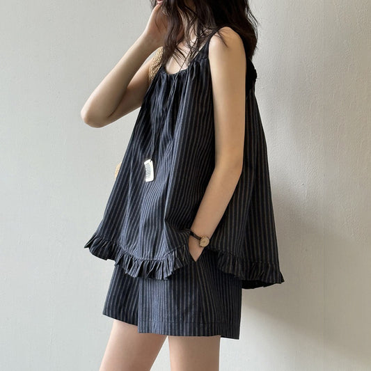 2点セット！【セットアップ】ストライプタンクトップシャツ＋ゆったりスリム効果のあるショートパンツ 上下セット【JZシリーズ】