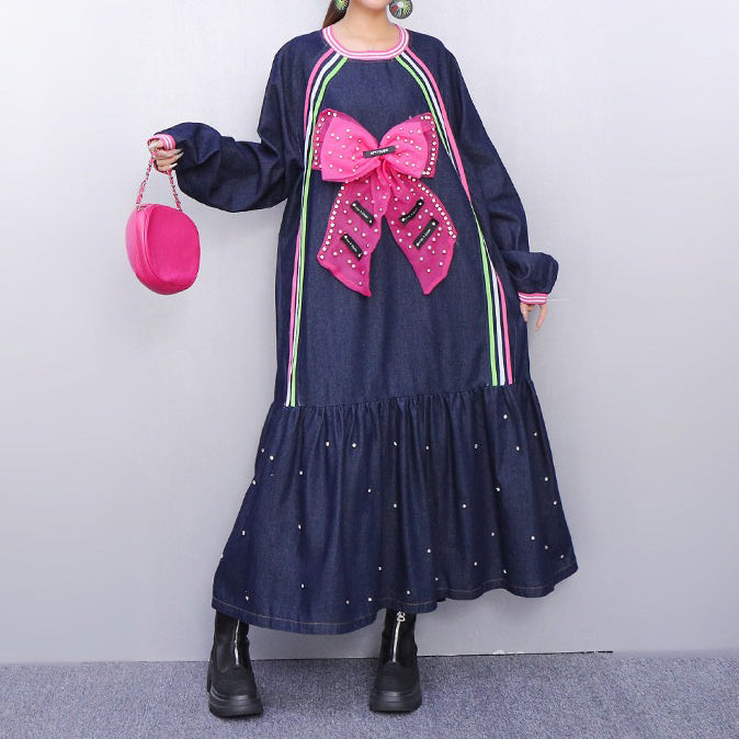 【ワンピース】デザイン感 2026春新作 レディース デニムワンピース リボン＆ビーズ装飾 ゆったりシルエット 着痩せ ロング丈 ファッション 長袖ワンピース
【SHシリーズ】