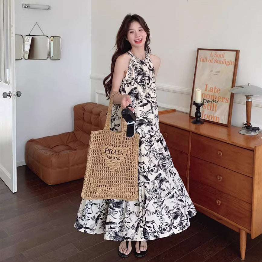 【ワンピース】夏新作 フレンチチャイナ 水墨花柄 ハイネック ノースリーブワンピース【SHシリーズ】