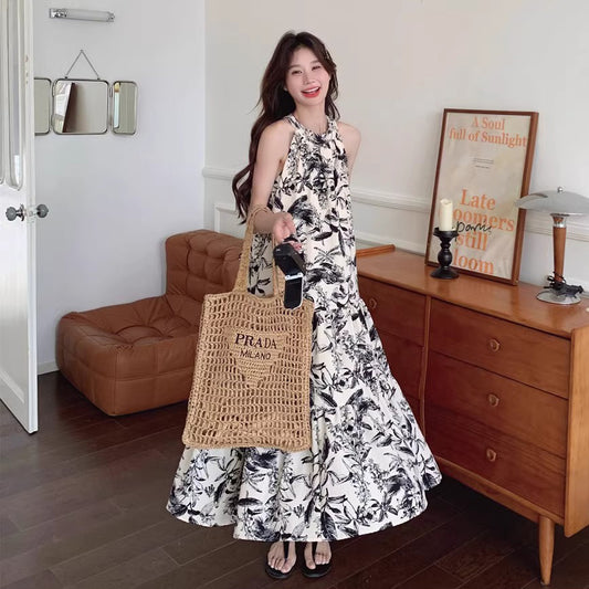 【ワンピース】夏新作 フレンチチャイナ 水墨花柄 ハイネック ノースリーブワンピース【SHシリーズ】