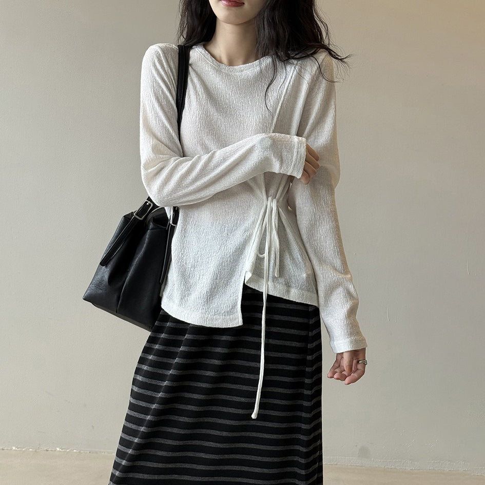 【トップス】韓国風リボンウエストマーク長袖ニット レディース 秋新作 個性的 ゆったり Ｔシャツ【JZシリーズ】