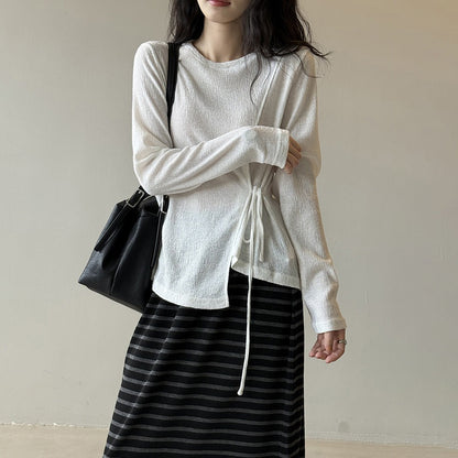 【トップス】韓国風リボンウエストマーク長袖ニット レディース 秋新作 個性的 ゆったり Ｔシャツ【JZシリーズ】