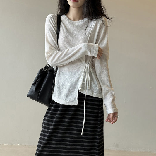 【トップス】韓国風リボンウエストマーク長袖ニット レディース 秋新作 個性的 ゆったり Ｔシャツ【JZシリーズ】