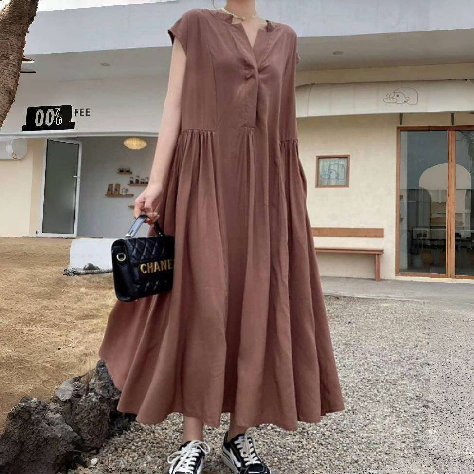 【ワンピース】夏 レトロアート風 ミディ丈 無地 ゆったり 大きいサイズ 半袖ワンピース