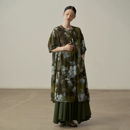 【トップス】シャツ レディース 水墨花柄 シフォン ロングシャツ 長袖 UVカット 羽織り ゆったり【JZシリーズ】【SHシリーズ】【10～15日内発送】