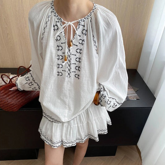 2点セット!【セットアップ】初秋新作 民族風刺繍トップス ブラウス＋ミニスカート 上下セット｜ゆったりシルエット レディース【SHシリーズ】