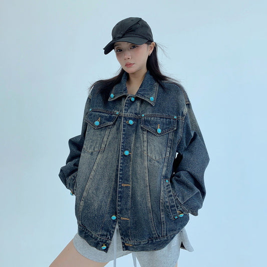 【アウター】ヴィンテージカジュアル ヘビーウェイト ターコイズボタン付きデニムジャケット【FCシリーズ】