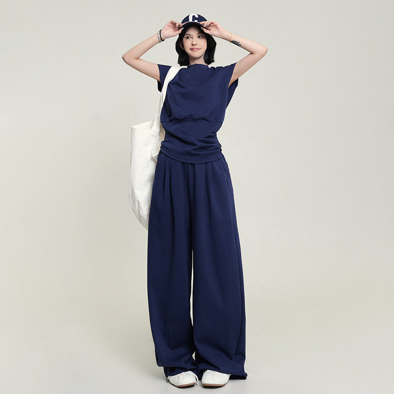 【セットアップ】韓国風 フリルスリーブTシャツ  クルーネック トップス＋パンツ 上下セット レディース 夏新作 細見え 体型カバー【FCシリーズ】