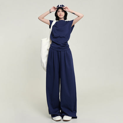 【セットアップ】韓国風 フリルスリーブTシャツ  クルーネック トップス＋パンツ 上下セット レディース 夏新作 細見え 体型カバー【FCシリーズ】