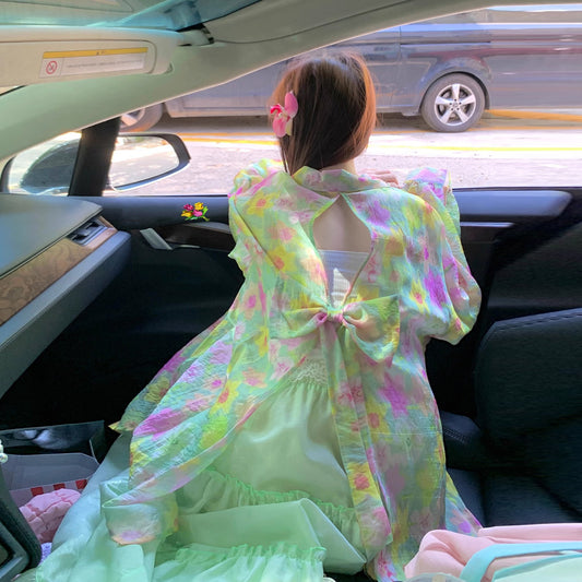 【アウター】夏 スイートリゾート風 スリット入りリボン 花柄 テンセル防晒シャツ【SHシリーズ】