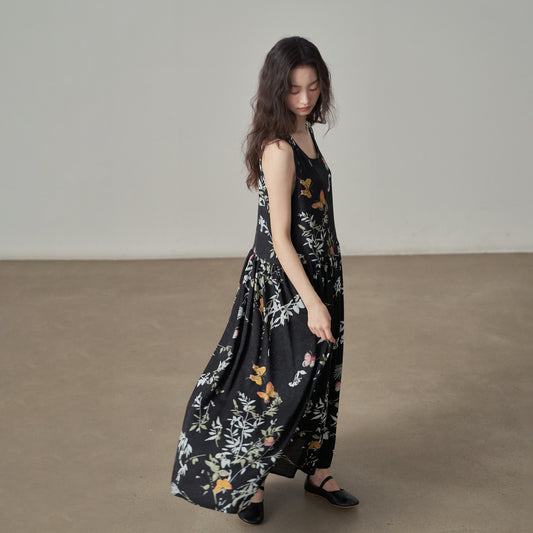 【ワンピース】新中式 蝶々と葉柄 ワイドシルエット スリム効果 ノースリーブワンピース【SHシリーズ】