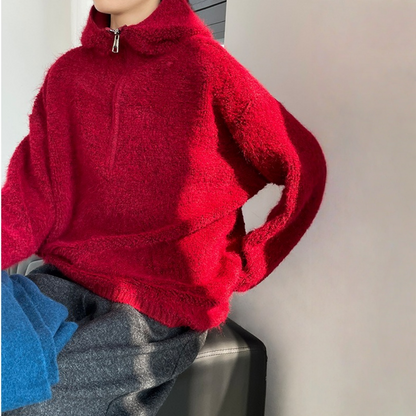 【アウター】ハーフジップ 春 秋 冬 厚手 ループウール フード付き ジャケット 【JZシリーズ】