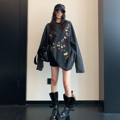 【トップス】古着風グラフィックロンT レディース 落書きプリント 長袖Tシャツ ゆったり ストリート【FCシリーズ】
