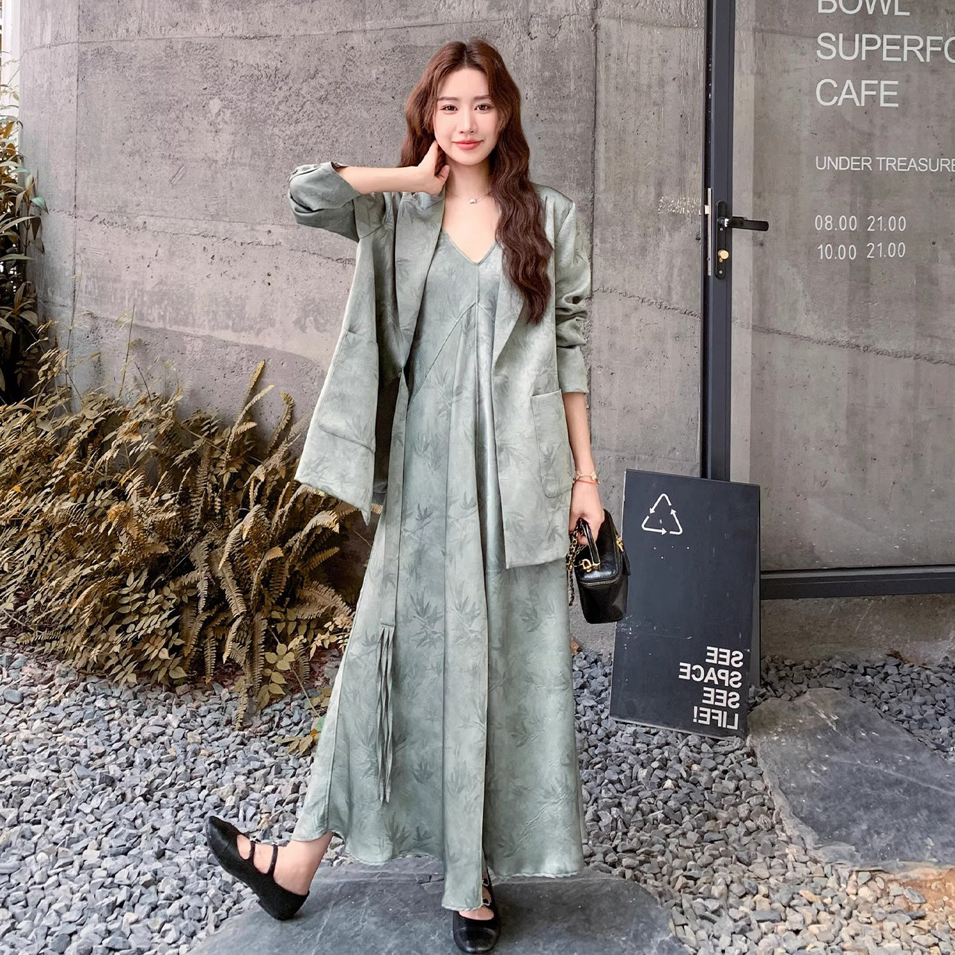 2点セット！【セットアップ】中国風 竹柄  レディース 秋新作 ジャケット＋キャミワンピース【SHシリーズ】