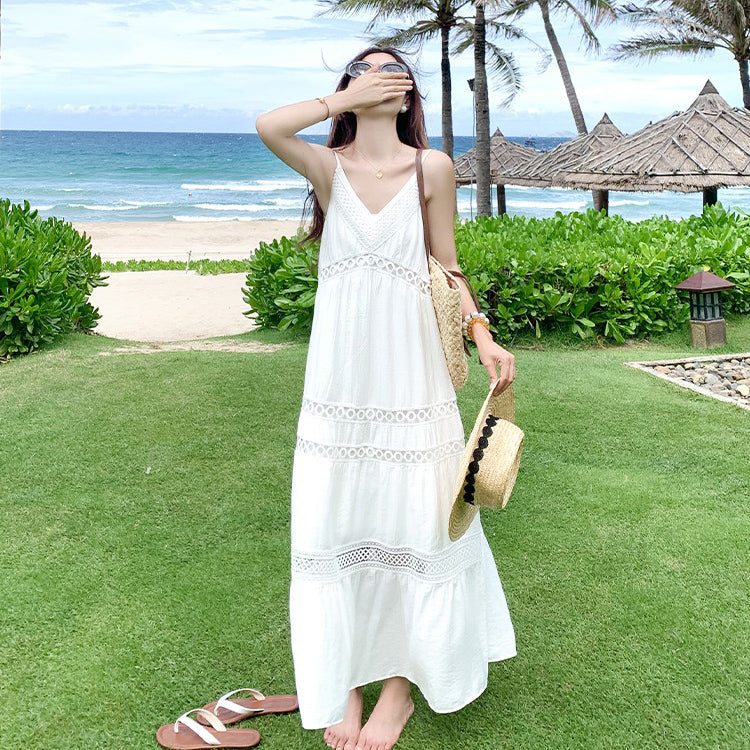 【ワンピース】リゾート風 ホワイト Vネック キャミワンピース 夏 レディース ゆったり ノースリーブロングドレス【JZシリーズ】