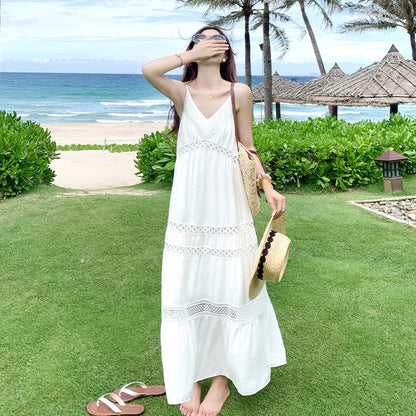 【ワンピース】リゾート風 ホワイト Vネック キャミワンピース 夏 レディース ゆったり ノースリーブロングドレス【JZシリーズ】