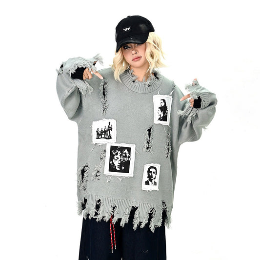 【トップス】パッチワーク ダメージ クルーネックニット レディース 冬 ゆったりBF風 韓国風 セーター【FCシリーズ】