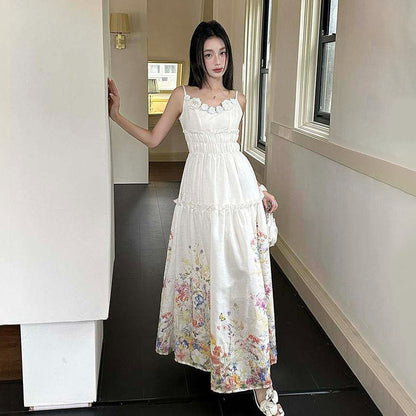 【ワンピース】ノースリーブワンピース 夏 ノルマンディーガーデン風 花柄 キャミワンピ 麻風素材 ウエストマーク デザイン感【SHシリーズ】