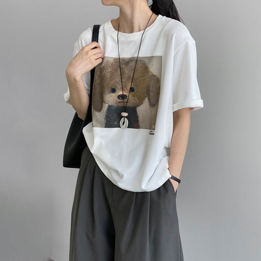 【トップス】韓国風 カートゥーン犬プリントTシャツ レディース クルーネック ゆったり体型カバー 半袖 カジュアル着回し【JZシリーズ】
