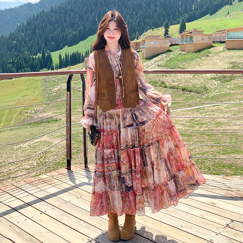 【セットアップ】メラード風 ベスト+花柄長袖ワンピース セット 春秋 若見え 上品でエレガント 超おしゃれ【SHシリーズ】