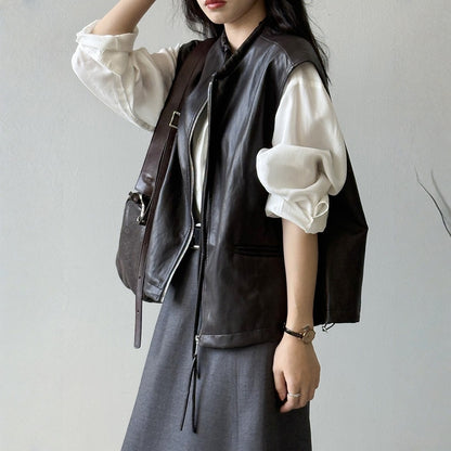 【トップス】春 秋 冬 秋新作 フレンチ デザイン ノースリーブ レザーベスト 【JZシリーズ】