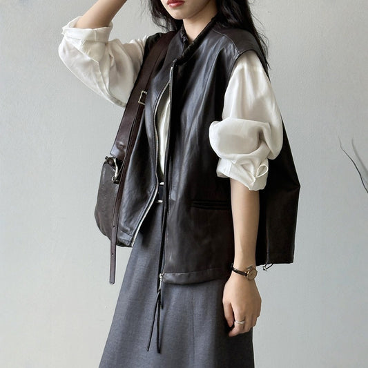 【トップス】春 秋 冬 秋新作 フレンチ デザイン ノースリーブ レザーベスト 【JZシリーズ】