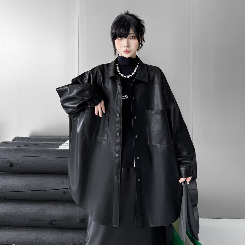 【アウター】個性派デザイン レディース PUレザージャケット ゆったりシルエット ミドル丈 秋コーデ【AHシリーズ】