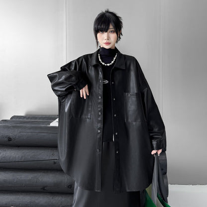 【アウター】個性派デザイン レディース PUレザージャケット ゆったりシルエット ミドル丈 秋コーデ【AHシリーズ】