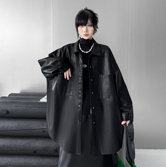 【アウター】個性派デザイン レディース PUレザージャケット ゆったりシルエット ミドル丈 秋コーデ【AHシリーズ】
