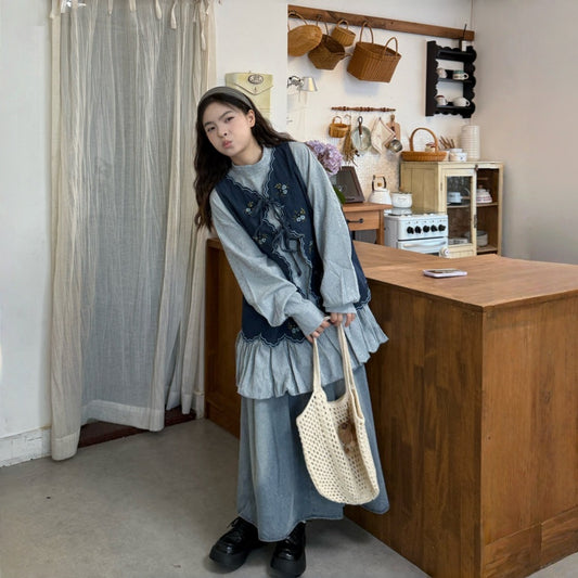 【セットアップ】ビッグサイズ レトロ 前後着用可能 ベスト+シャツワンピース+スカート 【JZシリーズ】