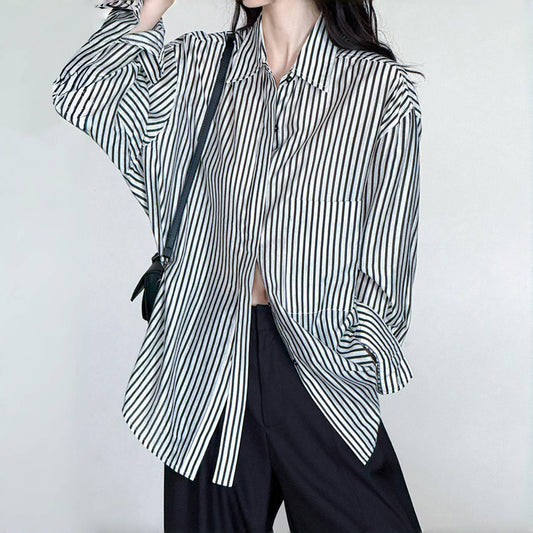 【トップス】初秋新作 定番 ストライプ シャツ 長袖 ゆったり 細見え効果抜群【SNシリーズ】