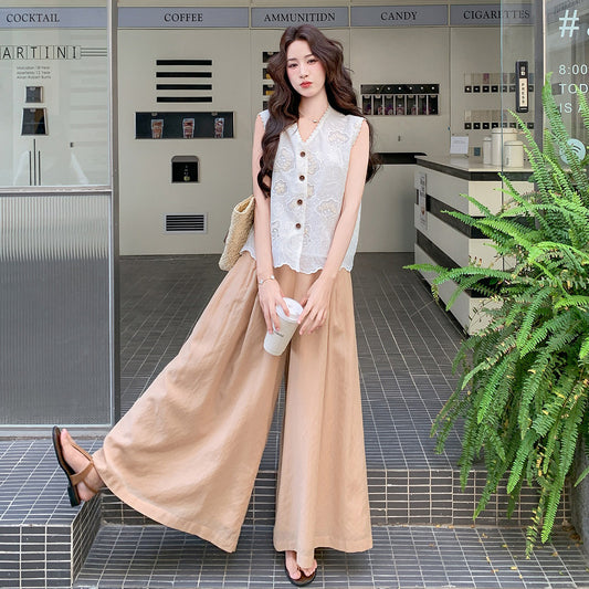 2点セット！【セットアップ】刺繍 レース カットワーク ベスト＋ワイドパンツ セット レディース 夏新作 2点セット きれいめ 体型カバー 上下セット【JZシリーズ】
