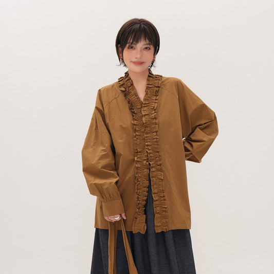 【トップス】フリル襟シャツ レディース ゆったり 大きめサイズ ミディアムロング 長袖シャツ 秋【JZシリーズ】