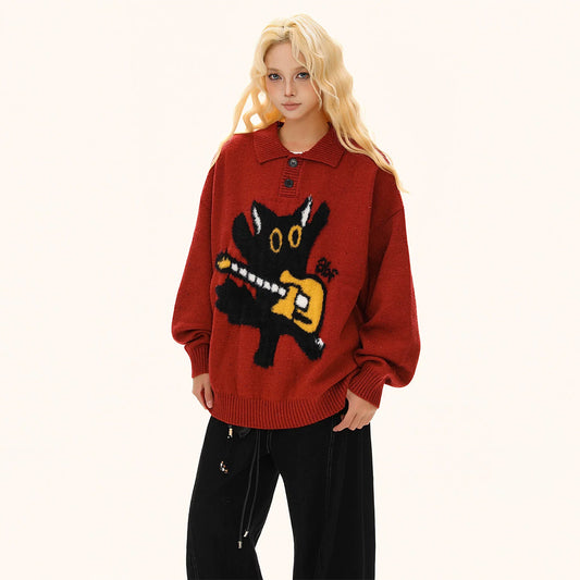 【トップス】アメリカンスタイル レトロ 猫ジャカード 男女兼用 ポロカラーセーター【FCシリーズ】
