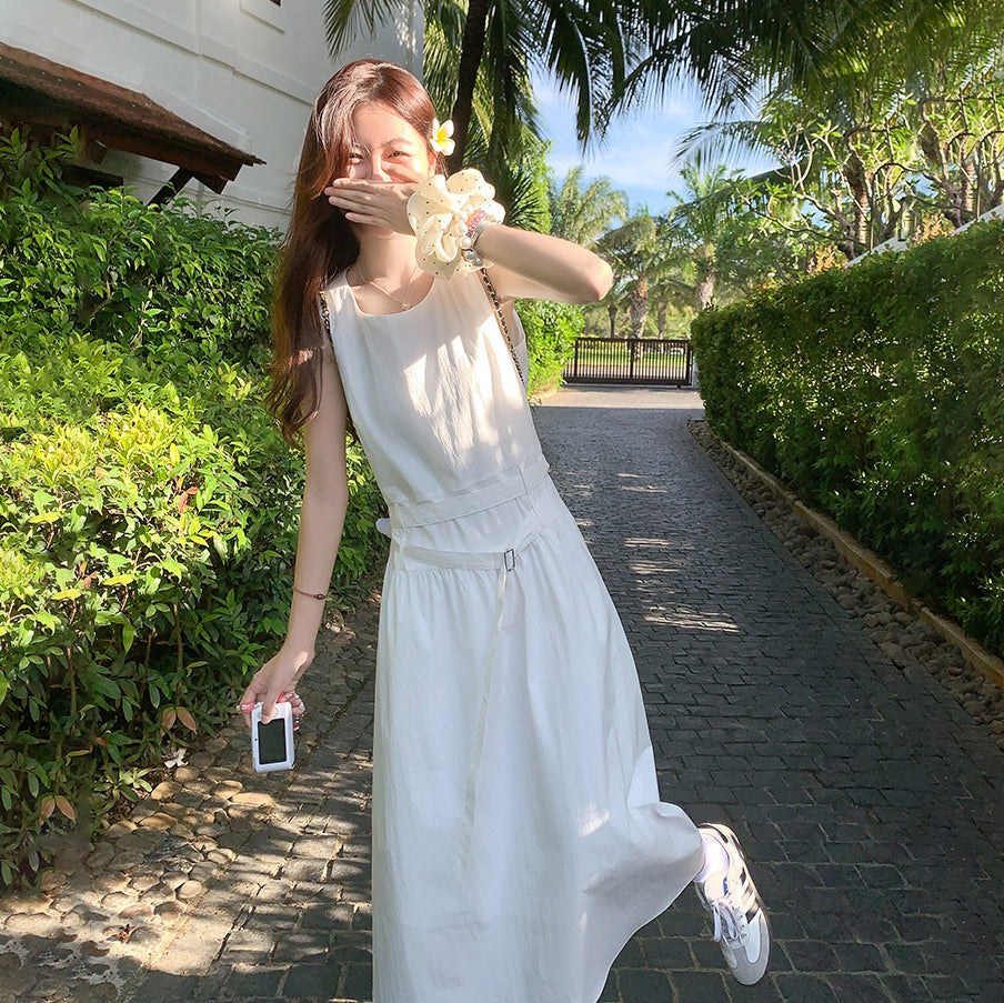 【ワンピース】シンプル ホワイト ノースリーブワンピース 夏 レディース ウエストマーク キャミソールワンピース【JZシリーズ】