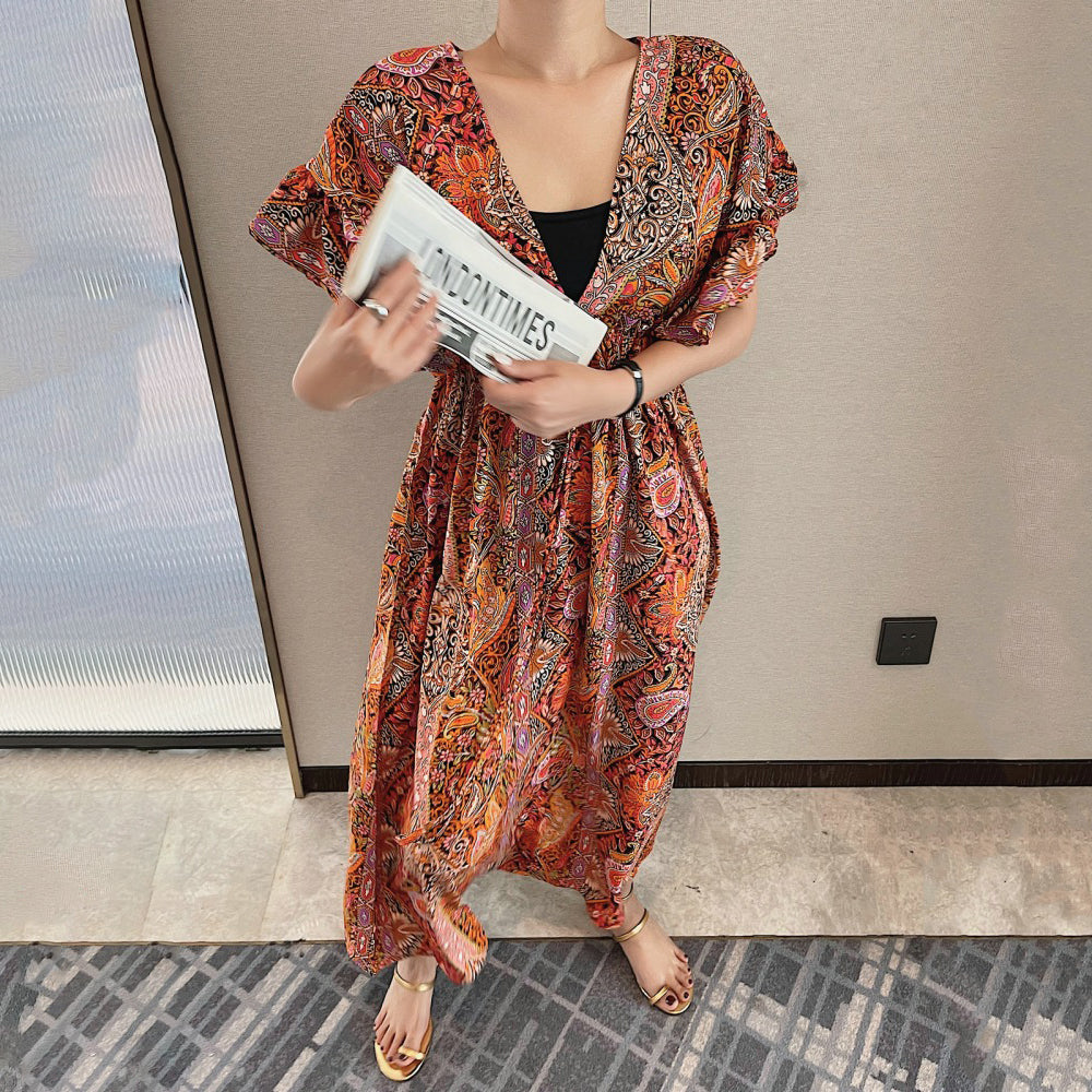 【ワンピース】ヴィンテージ風 レディース Vネック 半袖ワンピース 夏新作 ゆったり ミモレ丈 スリム見え フレンチスタイル【SHシリーズ】