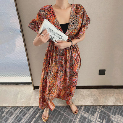 【ワンピース】ヴィンテージ風 レディース Vネック 半袖ワンピース 夏新作 ゆったり ミモレ丈 スリム見え フレンチスタイル【SHシリーズ】