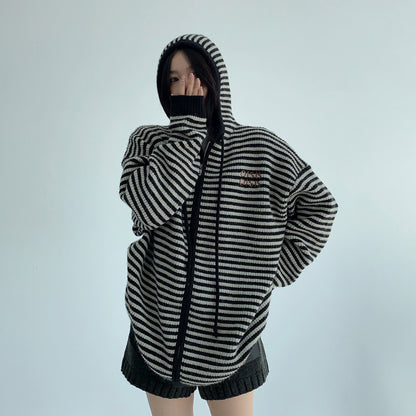 【トップス】ゆるレトロ感♡厚手ボーダーニットパーカー カーディガン レディース 冬の定番アイテム【FCシリーズ】