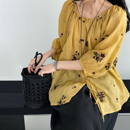 【トップス】韓国風 刺繍フラワー リネン風 シャツ ゆったり バックリボン レディース トップス【SHシリーズ】