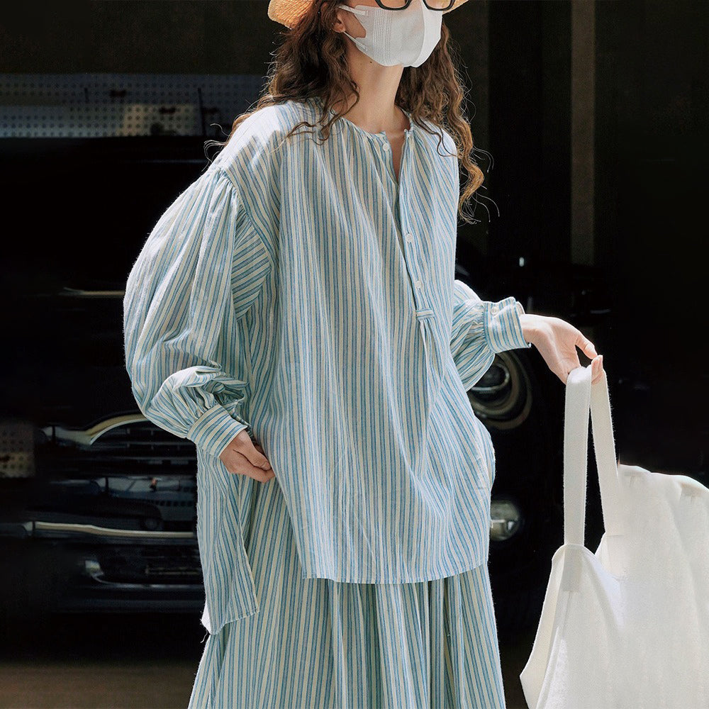 【トップス】春夏秋 ゆったり 快適 日焼け防止 着痩せ ストライプ柄 ランタンスリーブ シャツ【JZシリーズ】